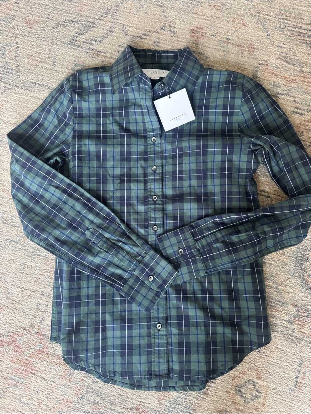 The Shirt by Rochelle Behrens Green and Navy Plaid Button-Down Shirt